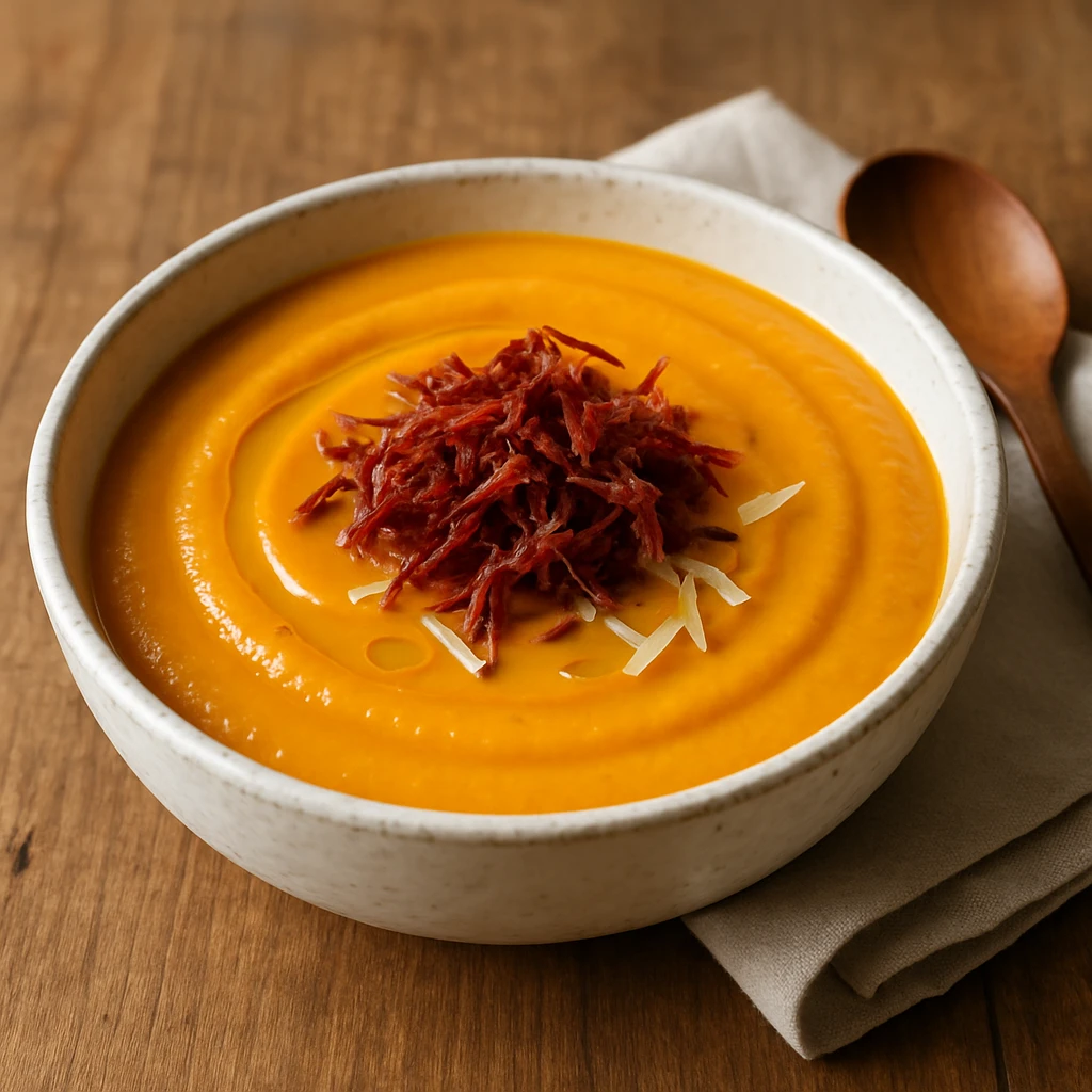 Foto de Sopa Cremosa de Abóbora com Gengibre e Carne Seca Desfiada
