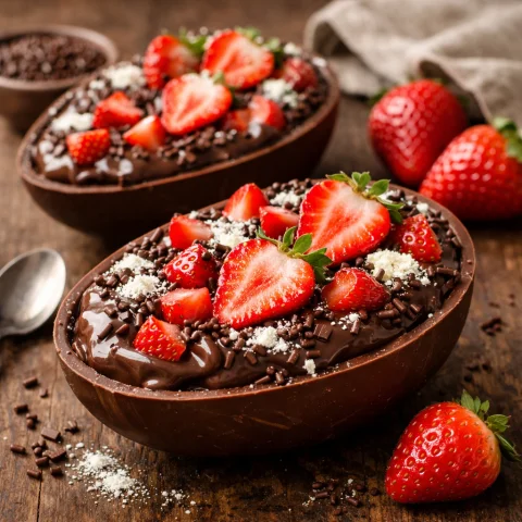 Receita: Ovo de Páscoa de Colher com Brigadeiro Cremoso e Morangos - O ovo de Páscoa de colher com brigadeiro cremoso e morangos é uma sobremesa i...