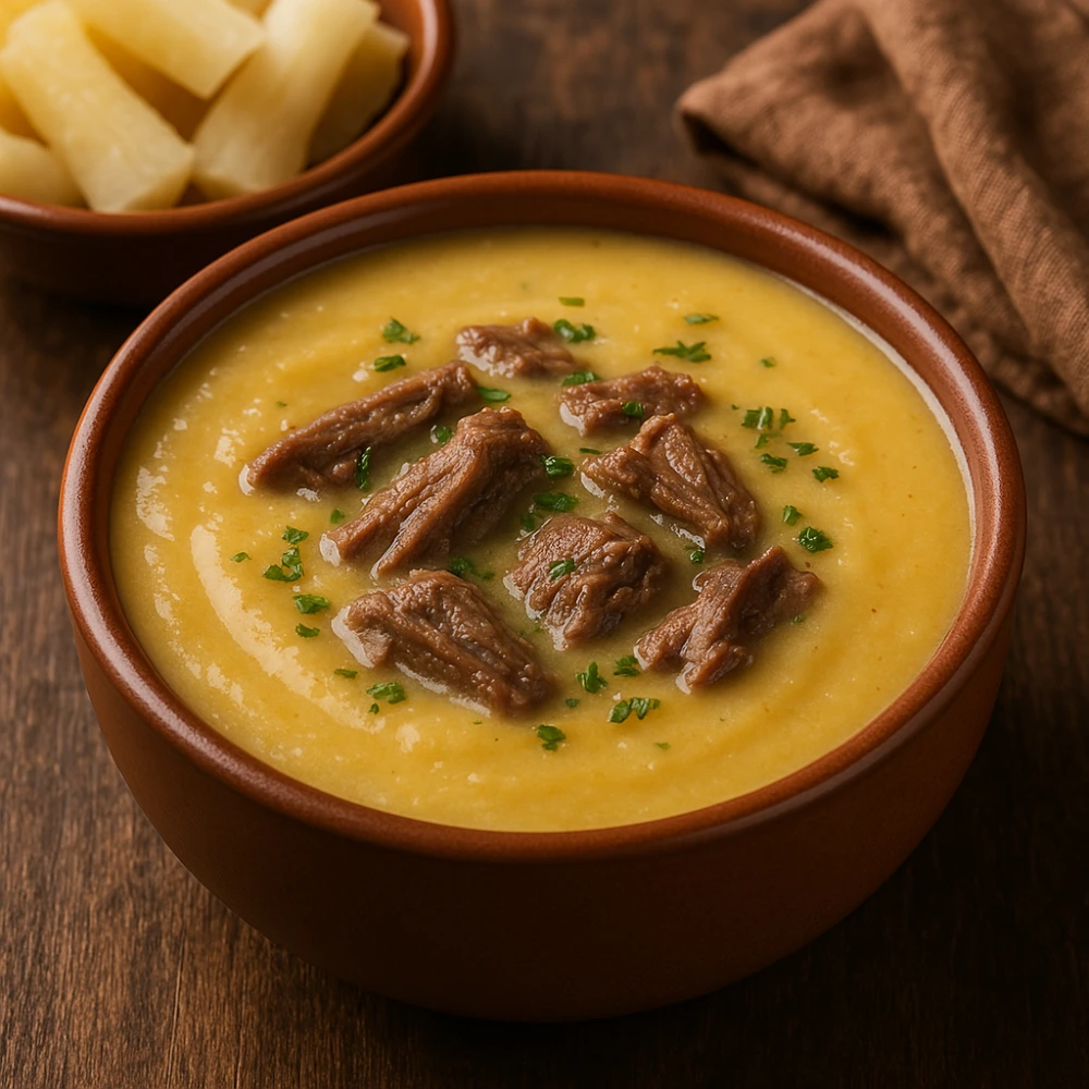 Caldo de Mandioca Cremoso com Carne Foto de Caldo de Mandioca Cremoso com Carne