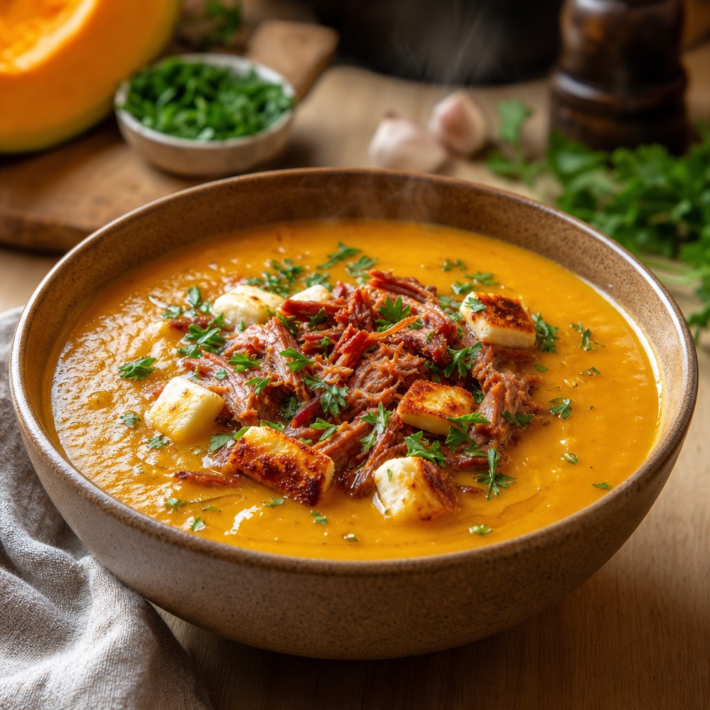 Sopa cremosa de abóbora com carne seca Foto de Sopa cremosa de abóbora com carne seca