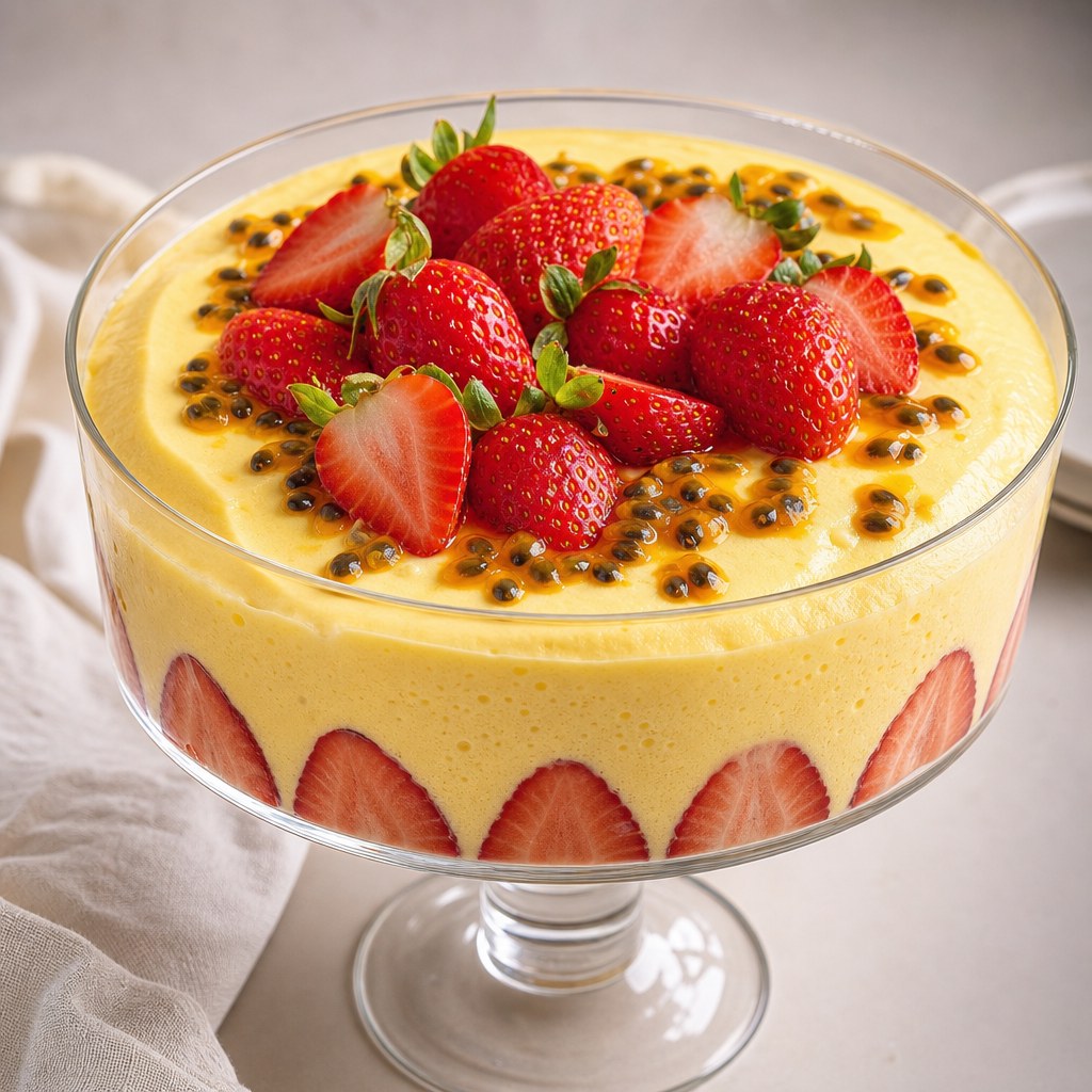 Mousse de maracujá com morangos frescos Foto de Mousse de maracujá com morangos frescos