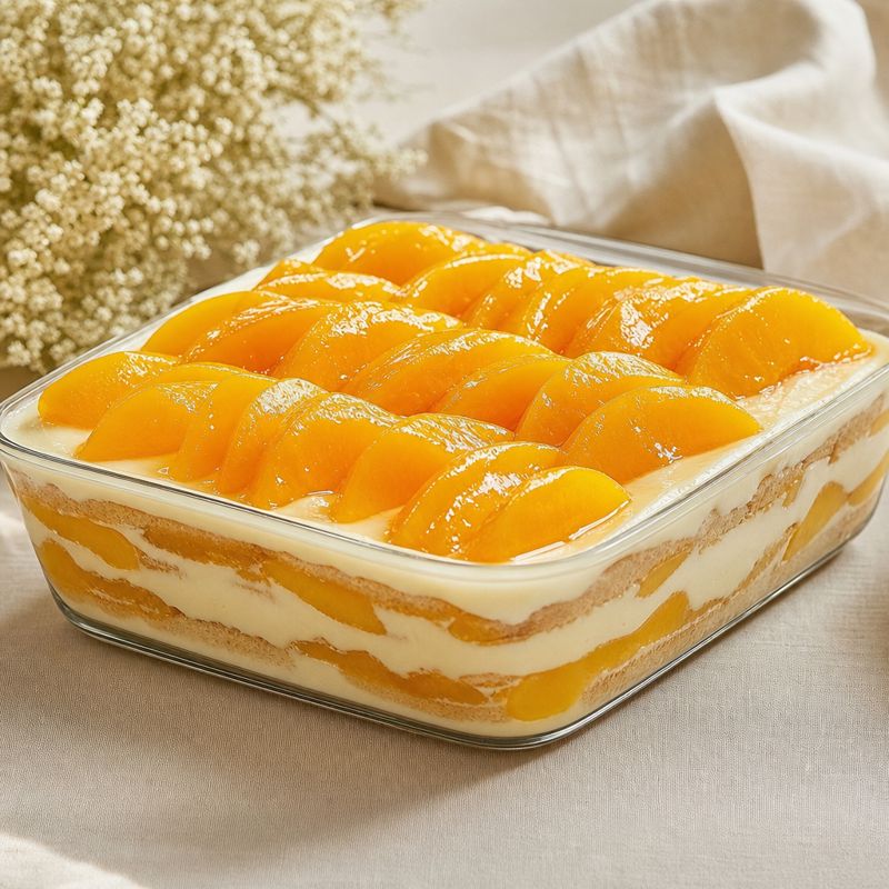 Receita: Pavê de pêssego com creme de baunilha