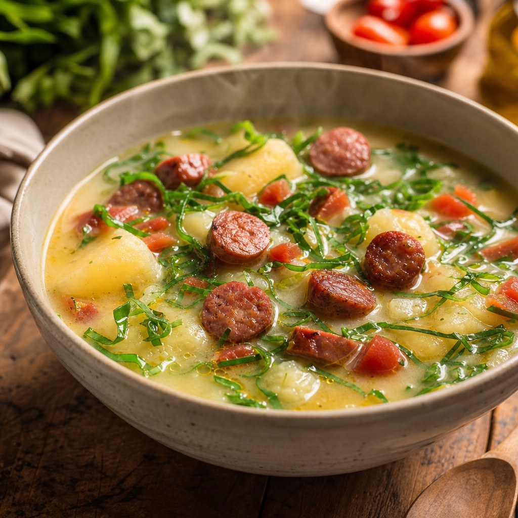 Foto de Sopa Leve de Mandioca, Couve e Linguiça