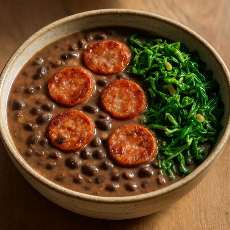 Receita: Sopa de feijão preto com linguiça caseira e couve refogada