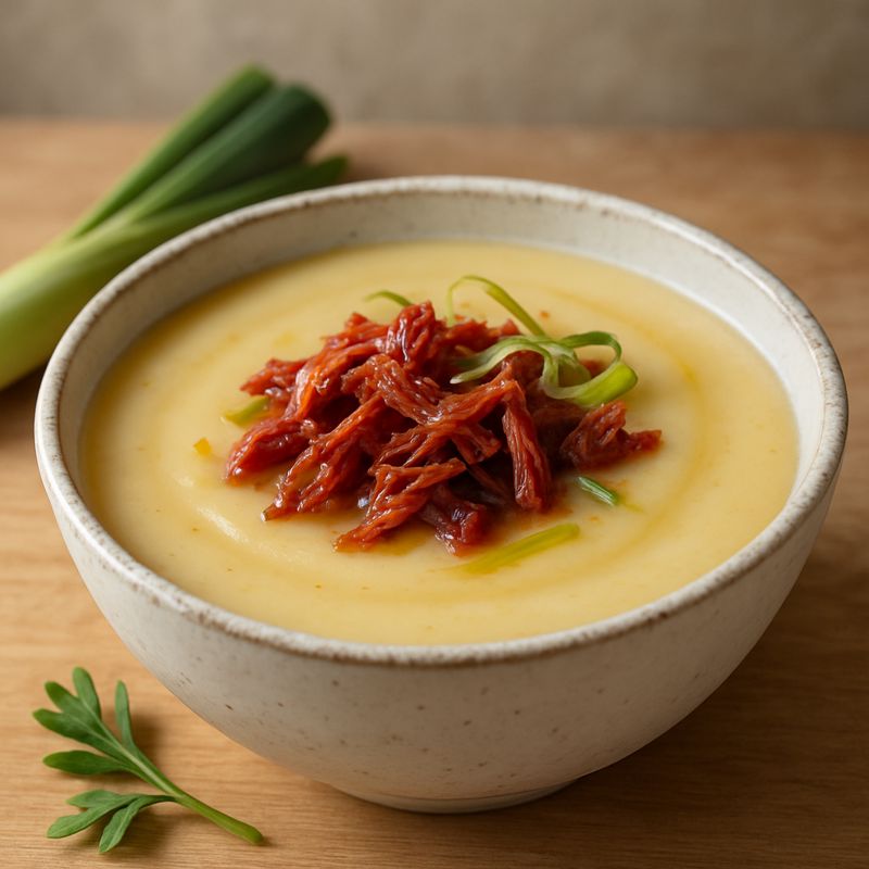 Receita: Sopa cremosa de mandioca com carne seca e alho-poró