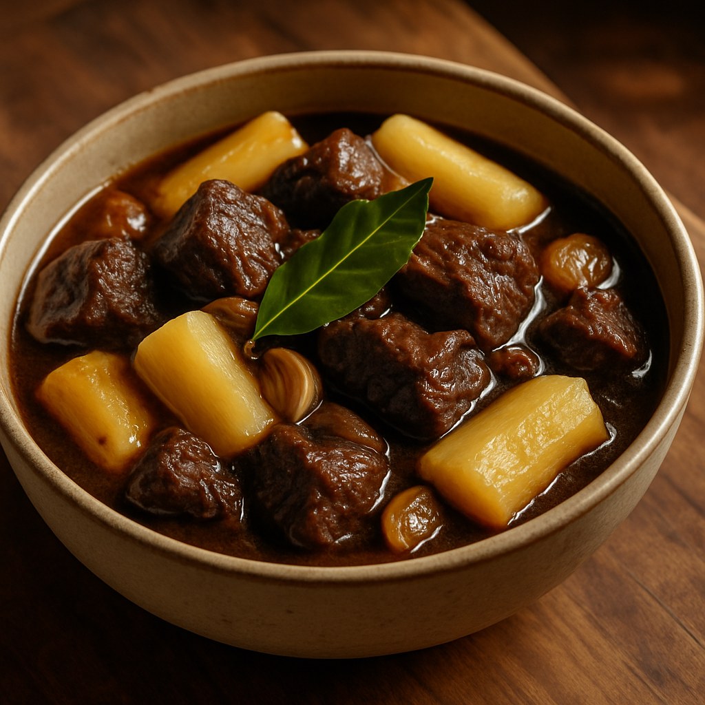 Carne de panela com mandioca e molho de cerveja preta Foto de Carne de panela com mandioca e molho de cerveja preta