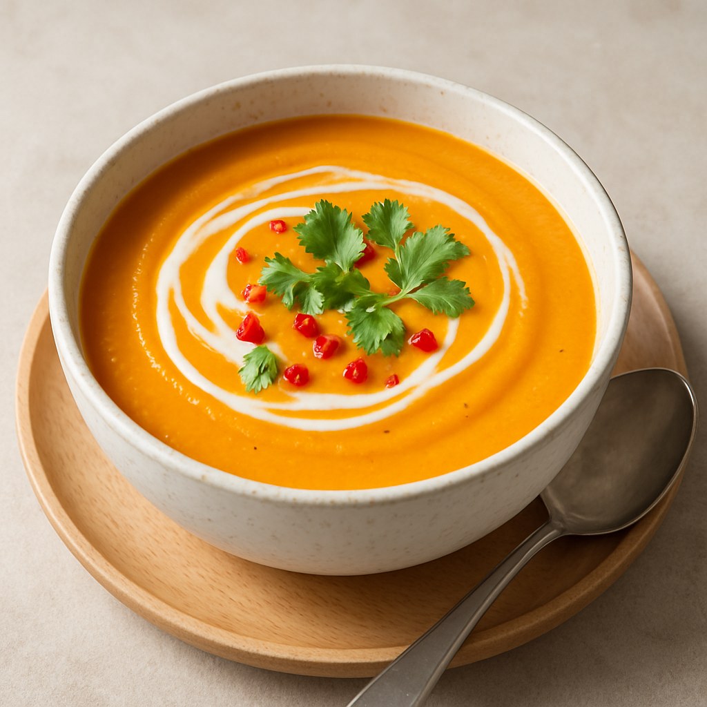 Sopa cremosa de abóbora com leite de coco e pimenta Foto de Sopa cremosa de abóbora com leite de coco e pimenta